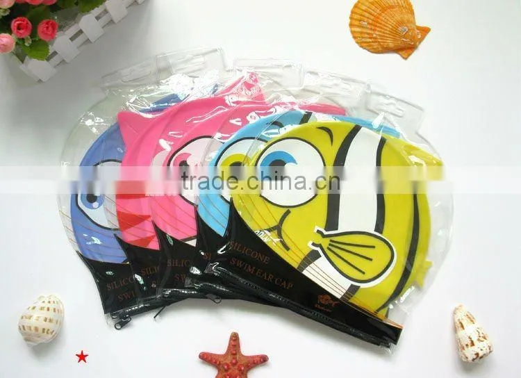 color silkscreen printing cartoon goldfish silicone swimming caps for children