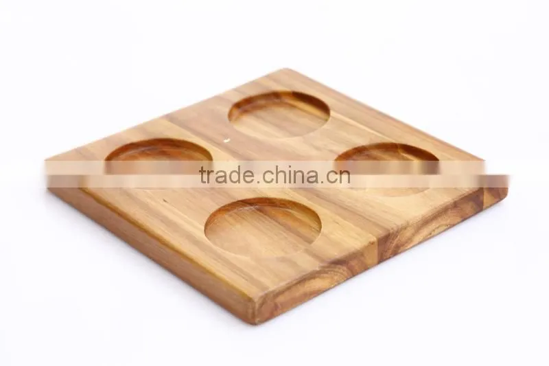 4-well square sturdy acacia wood coaster for bottle & wine