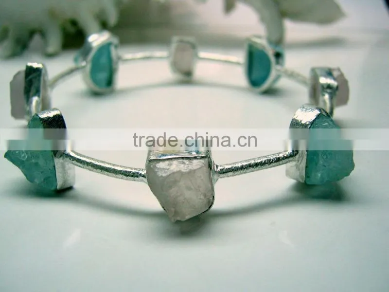 Rose Quartz & Tourmaline Multi Stone Rough Bracelet, 925 Solid Sterling Silver Bracelet, Designer Gemstone Raw Bracelet