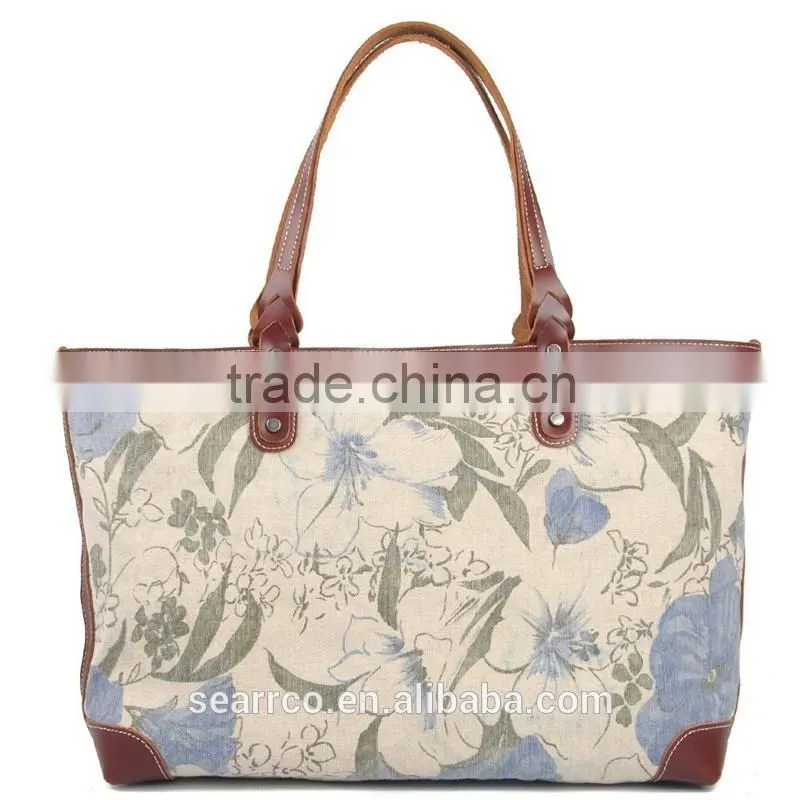 Wholesale alibaba super canvas shopping bag beach tote bag with leather trim and leather handle