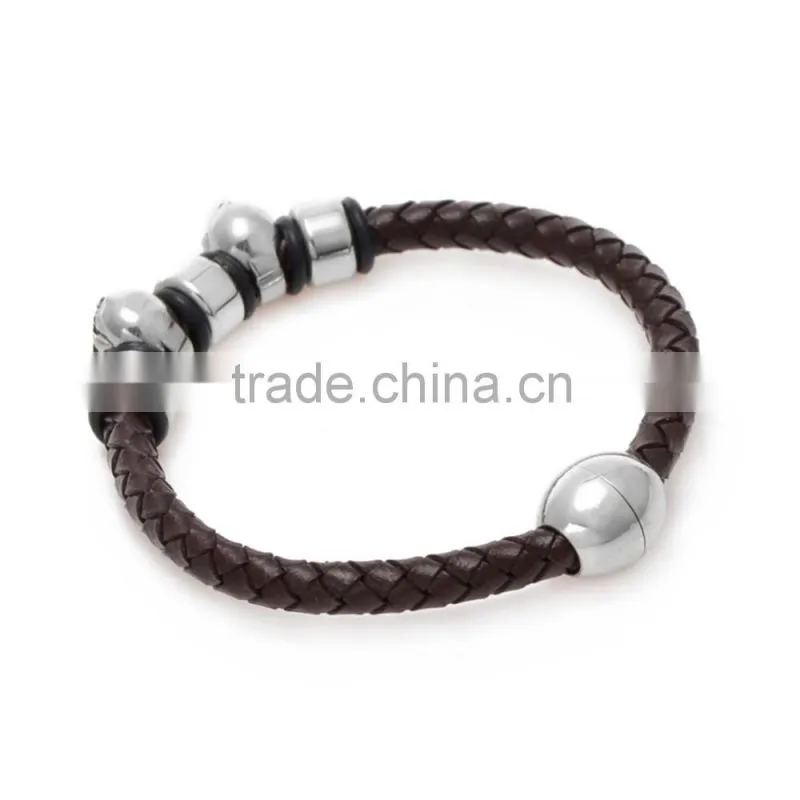 High Quality Brown Braided Leather Bracelace for Men Magnetic Clasp Leather bangle rope with skull