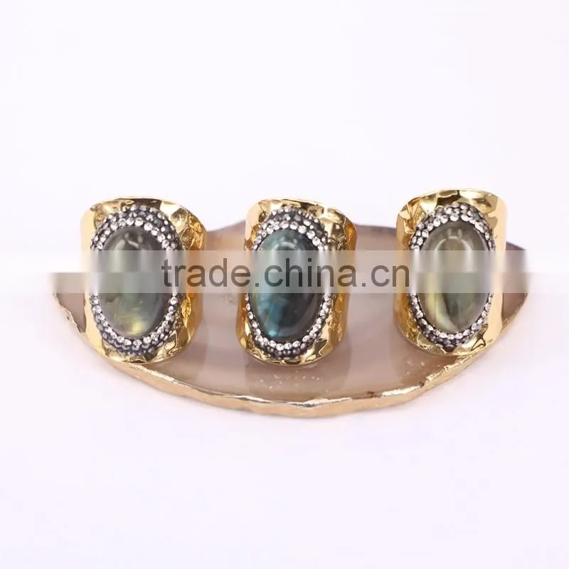 Natural Labradorite Ring, Metal Plated Silver Ring, Pave Setting Crystal Jewelry Finger Druzy Gem stone Ring