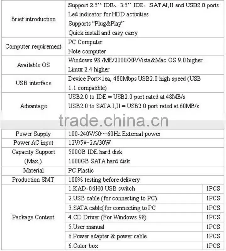 Plug play USB2.0 to IDE/SATA usb to sata adapter cable