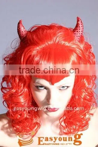 Long red halloween wig with horn, cheap party hair wig, synthetic hair wig