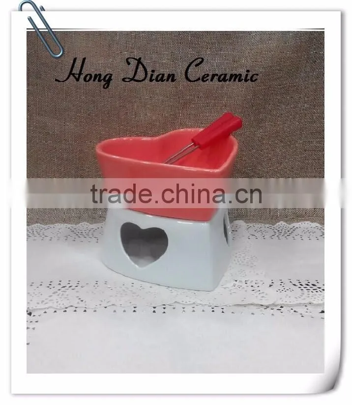 matt heart shaped ceramic chocolate fondue set,color glazed ceramic fondue pot with forks,OEM logo chocolate fondue set