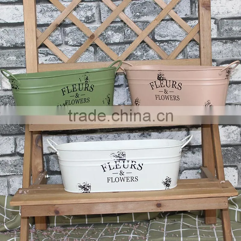 Retro design oval galvanized iron flower pot metal garden planter pot with double handles