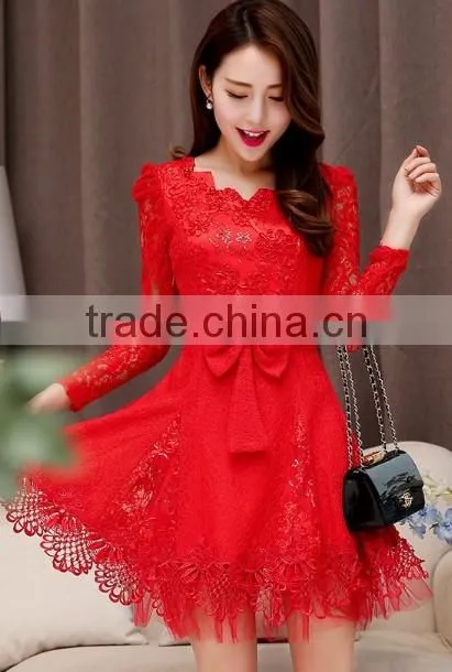 sexy red lace mature party long sleeve fashion lady dress