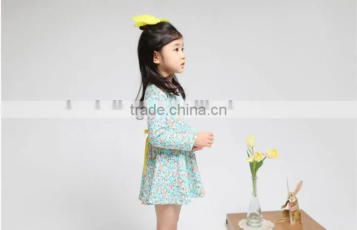 New Spring 100% Cotton Girls Blue Small Floral Dress Kids Long Sleeve Autumn Dress grls party dress Fashion Clothes