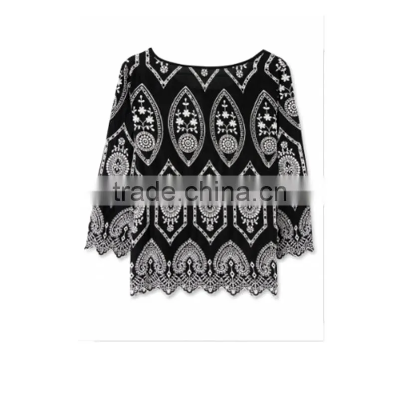 Latest style sexy hollow out lady chiffon blouse woman lace blouse wholesale tops