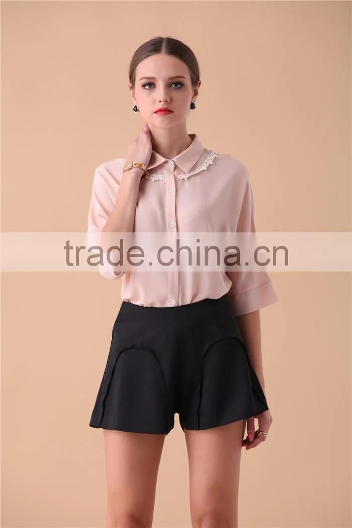 cute lace designed pink 2015 new design chiffon lady blouse/woman blouse