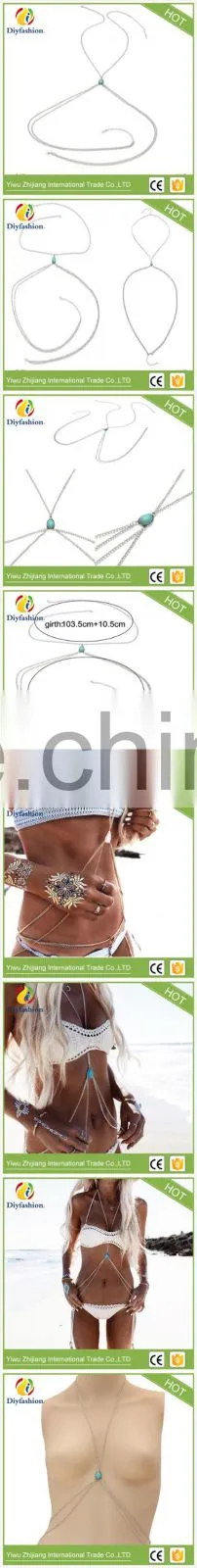 Hot sell bohemian retro alloy turquoise body chain