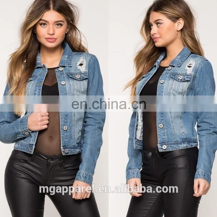 Wholesale ripped denim jackets light wash blue distressed denim jacket