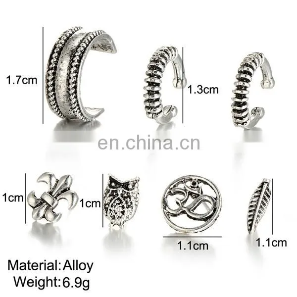 7pcs/set Bohemian Retro Owl Leaf Suit Cuff Stud Earrings Earring Set