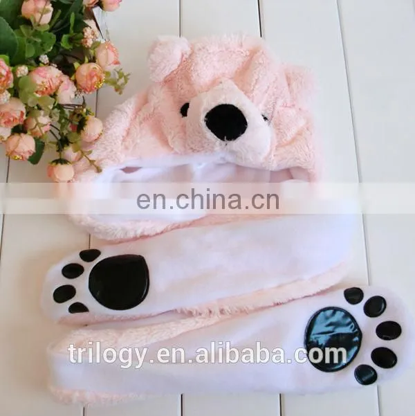 wholesale animal plush hats with mittens boy girl children kids plush animals hats with paws