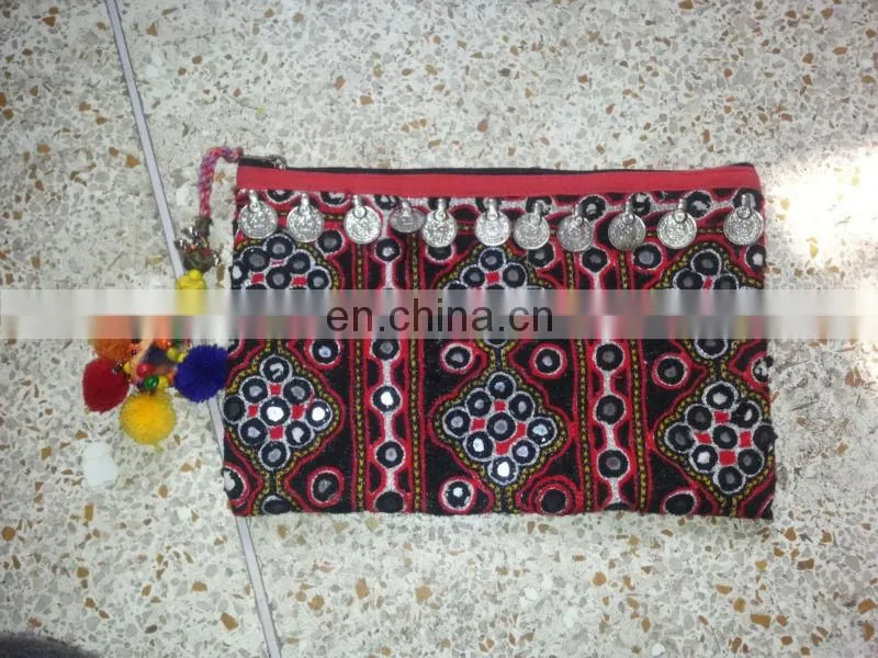 VINTAGE LEATHER POUCH BANJARA EMBROIDERY ETHNIC PATCHWORK HANDMADE MIRROR TRIBAL BAG