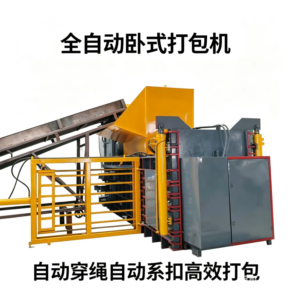The manufacturer supplies large fully automatic horizontal hydraulic balers with automatic rope inse