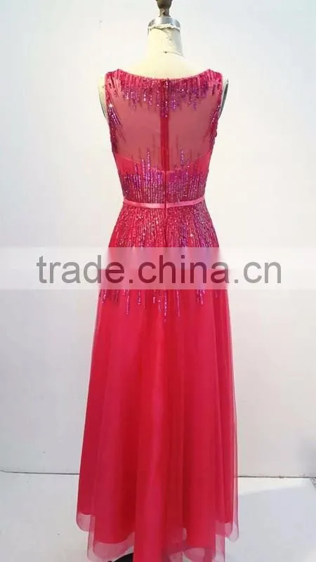Red Sleeveless Chaozhou Beaded Long Evening Dress
