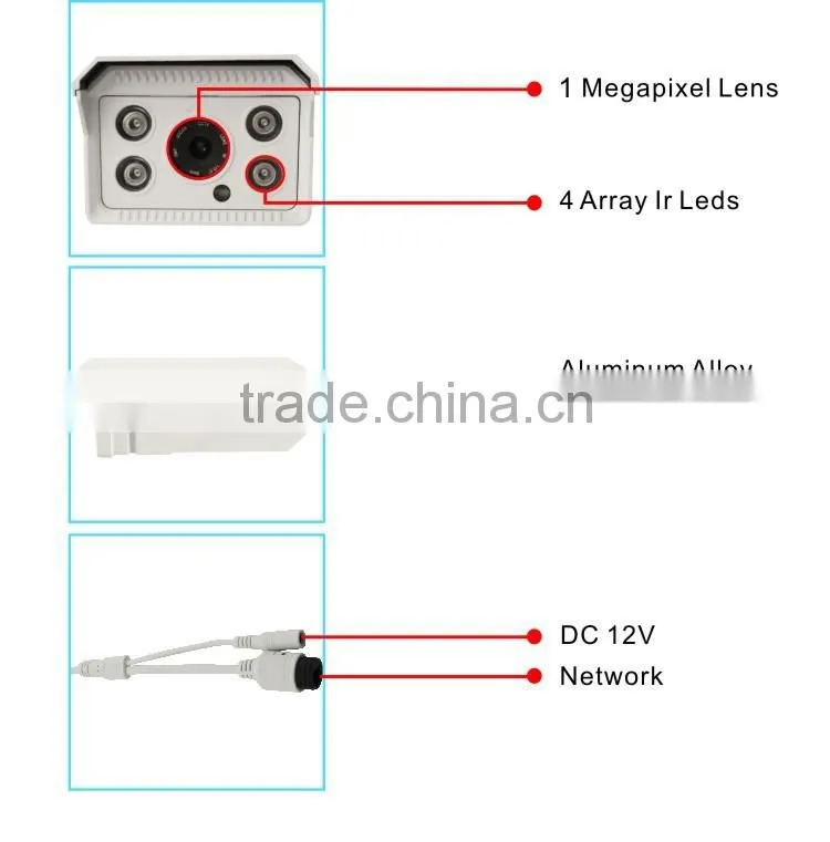 H.264 Outdoor IR 100M HD 720P 1Megapixel HD Bullet IP Camera
