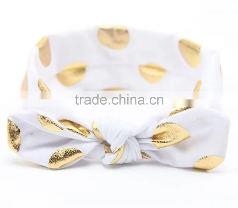 New arrival baby head band knot headband baby headwears / gold foil dot bunny ear head wraps hat