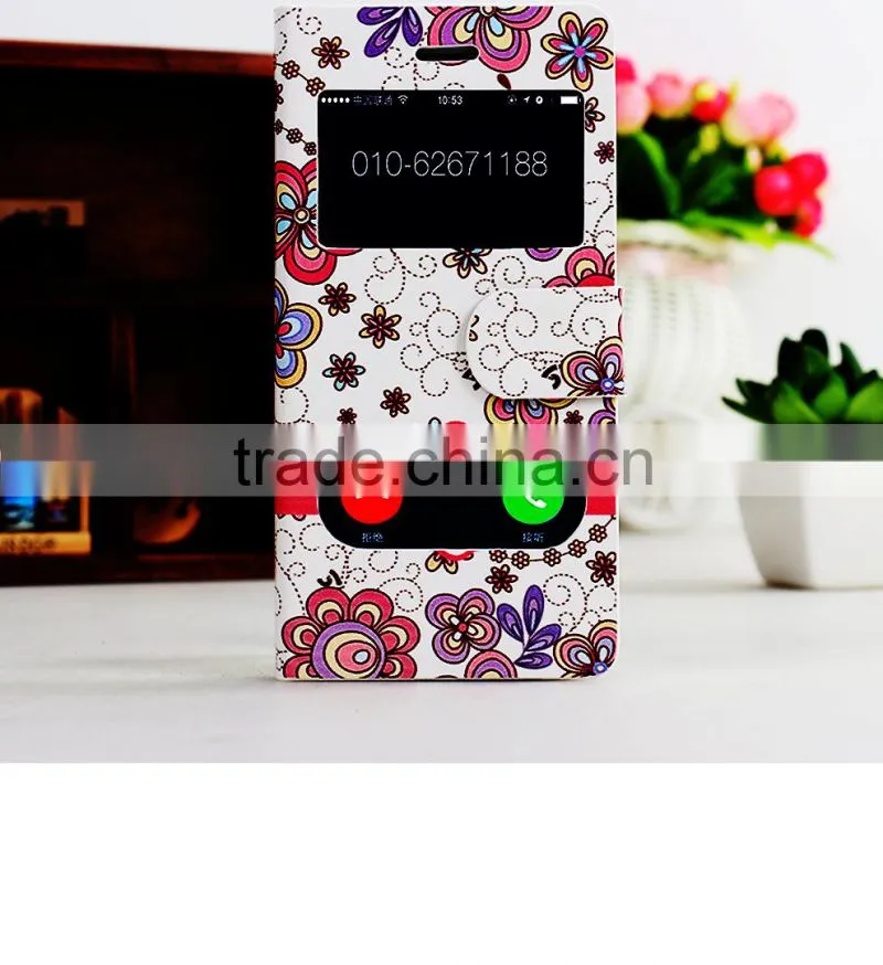 Double window Flower PU leather flip case for iphone 6,mobile phone case