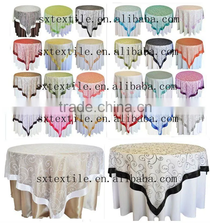 100%Polyester Satin Hemmed Scroll Embroidered Organza Plastic Table Overlay For Hotel/Banquet/Wedding/Party