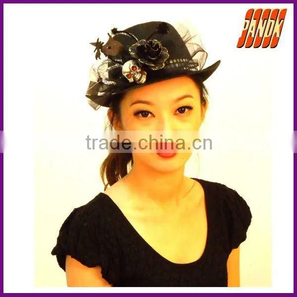 Fashion felt-cloth Black top hat with glittered rose and lace