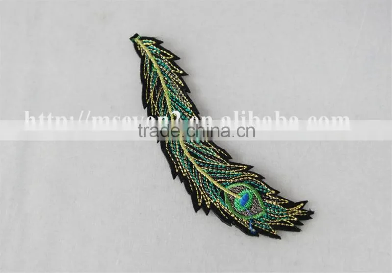 good looking green color applique embroidery design patch peacock feathers decoration garment