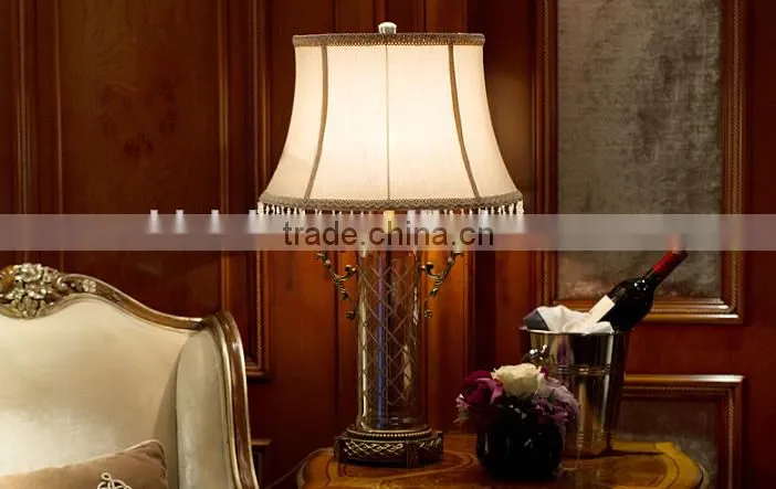 Dark brown cylindrical glass lamp body metal bottom table lamp with fabric lampshade