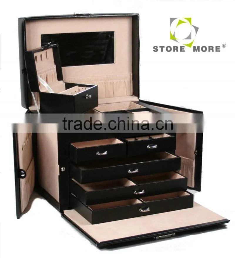 Black Leather Drawer Jewelry Box Travel Case With Lock And Handle