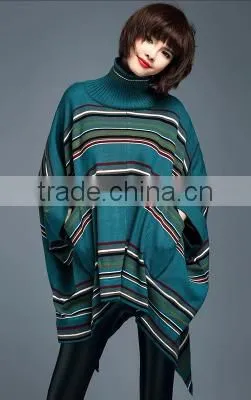 2016 New Fashion Korean Style Mid Long High Collar Women Stripe batwing-sleeved Pullover Sweater