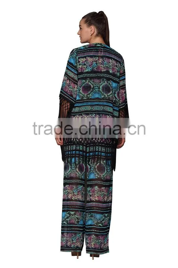 2015 New Fashion Tassel Design Print Kimono Cardigan