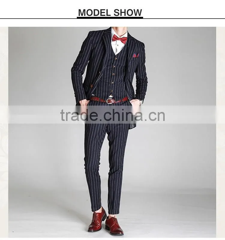2017 latest design 3 pieces suits with long blazer waistcoat and pants dark blue stripe suite made in china