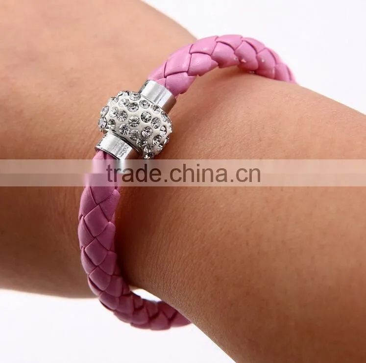 Leather Wrap Wristband Cuff Punk Magnetic Rhinestone Buckle Bracelet Bangle