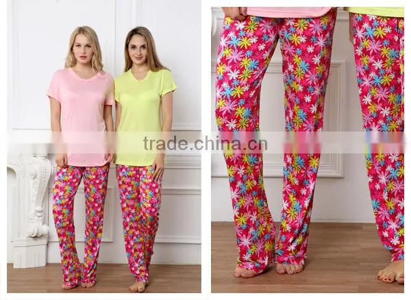 Latest summer styled 100%viscose soft fabric pajamas printed designs plus size women pyjamas set