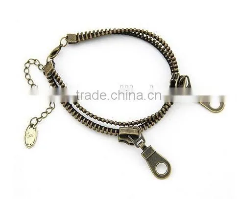 Fashion Jewelry Punk Retro Zipper Anklet Bracelet Double Chain Bangle Bronze for Girl Boys