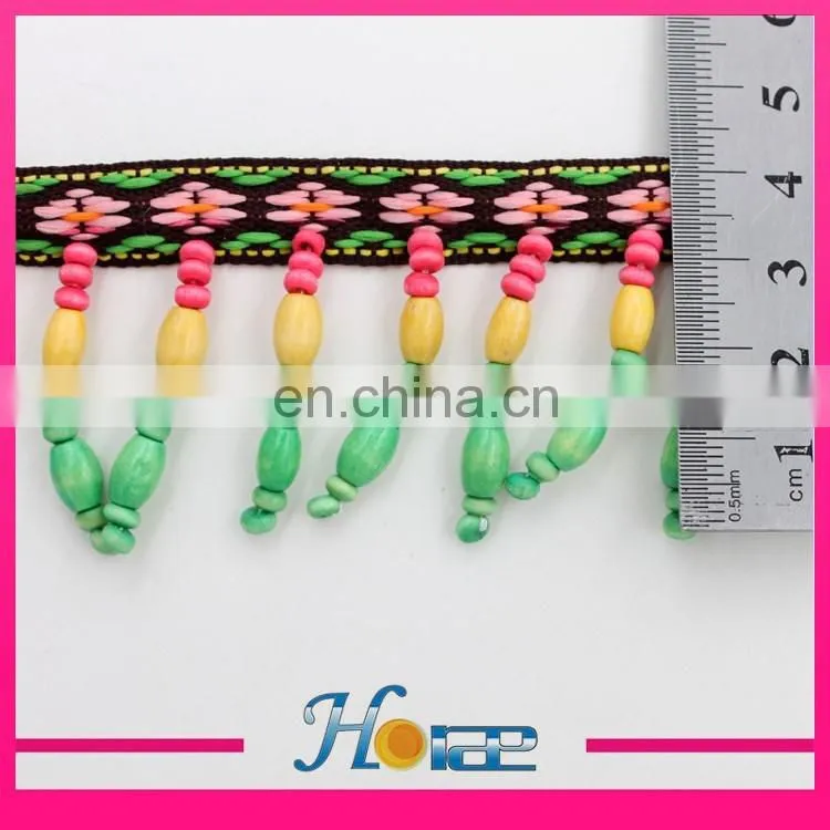 latest wooden bead lace trim wooden beaded tassel fringe trim