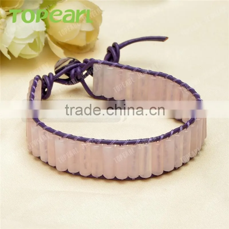 Topearl Jewelry Rose Quartz Bracelet Woven Leather Wrap Bangle 7.5 Inches CLL122