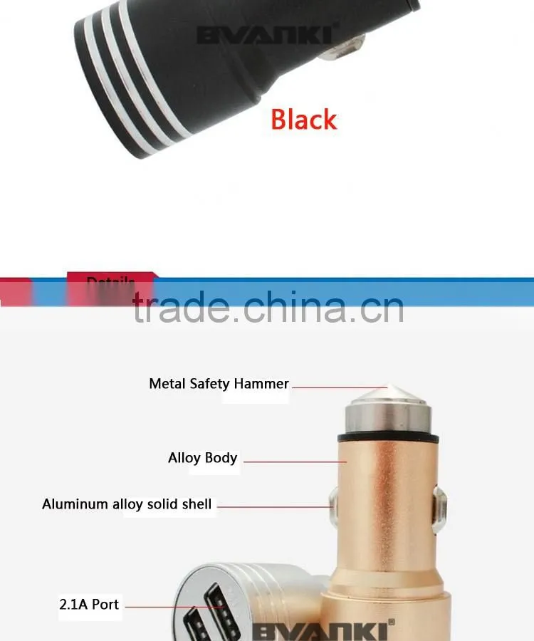 New 3.1A Quick Charge 2.0 Travel Car charger for Travel in-Car use/ Stainless Steel Safety Hammer QC 2.0 Dual USB Car Charger