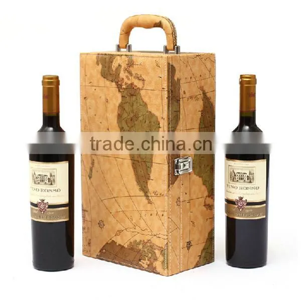 Unique Design Map pattern leather wine box with handle