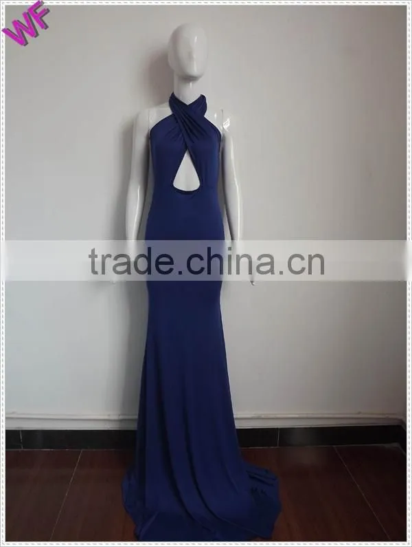 Custom Made Women Halter Long Floral Hem Navy Maxi Dress