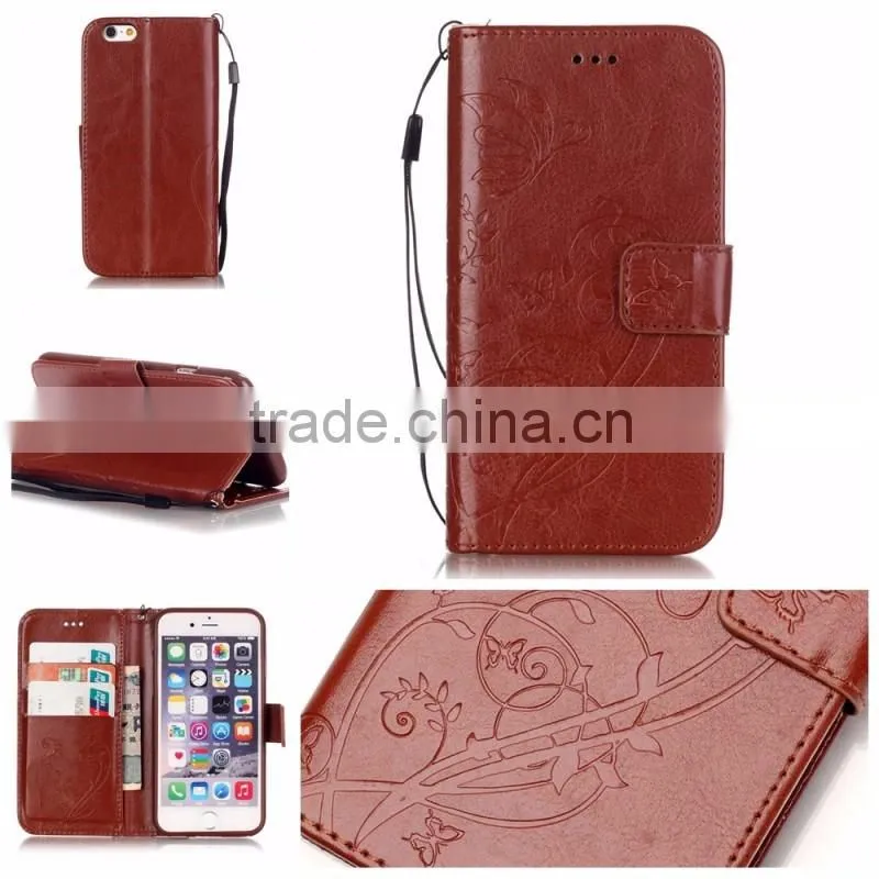 PU wallet leather case with strap, leather stand case with inside TPU cover sample free mobile phone case for iphone 6
