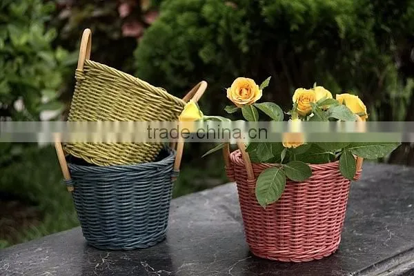 Multicolor rattan flower basket with wood and rattan handle
