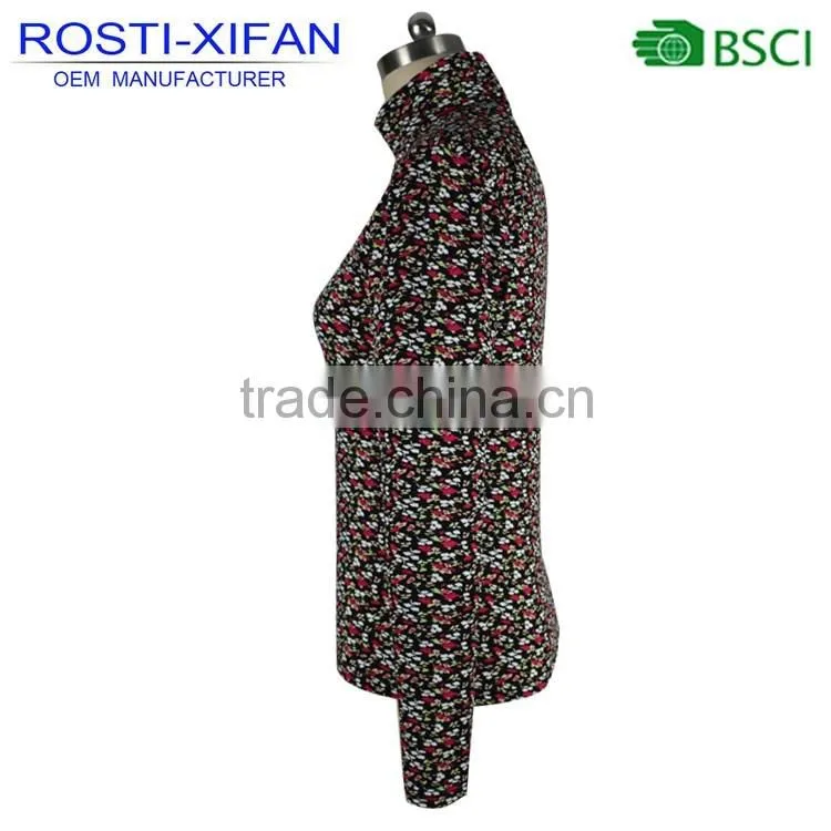 Lady Custom Flowers Printed Turtleneck Blouse Long Sleeve