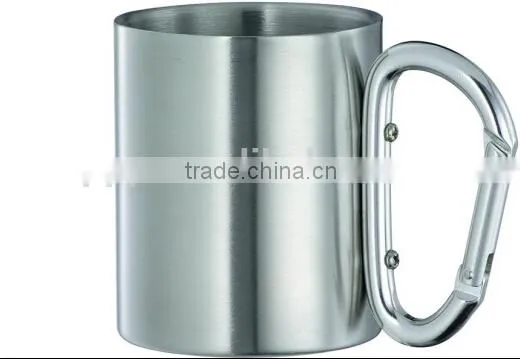 easy holding 2014 Hot selling carabiner ring eco-friendly FDA LFGB double layer stainless steel coffee mug cup tumbler