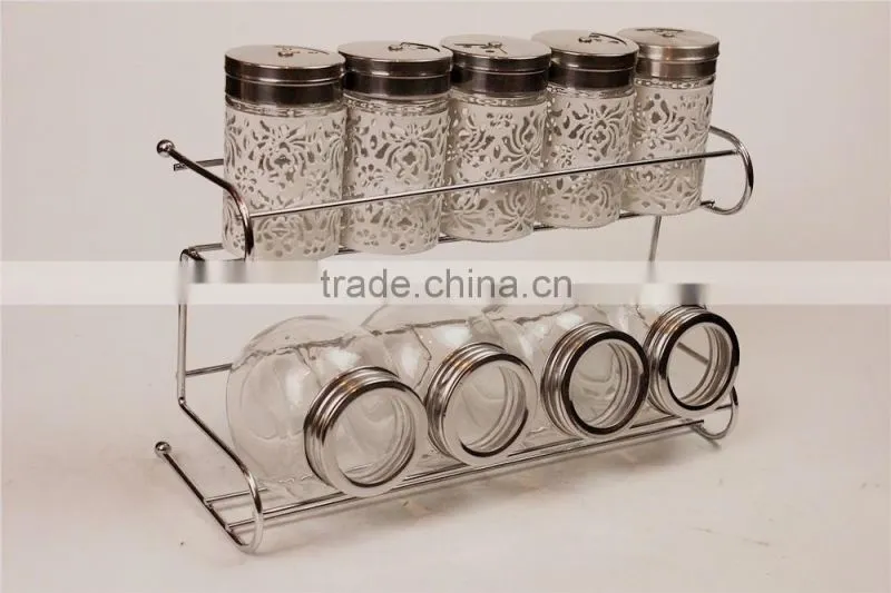iron stand metal cover glass canister & spice jars set