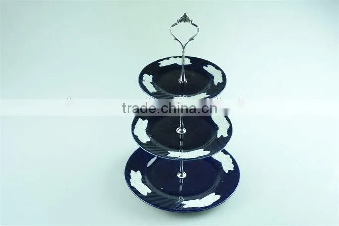 3 tier cheap glazed ceramic cake plate stand for weeding/party use in stock