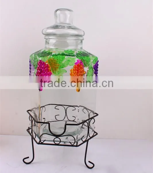 hexangular glass fruit juice jar with metal stand