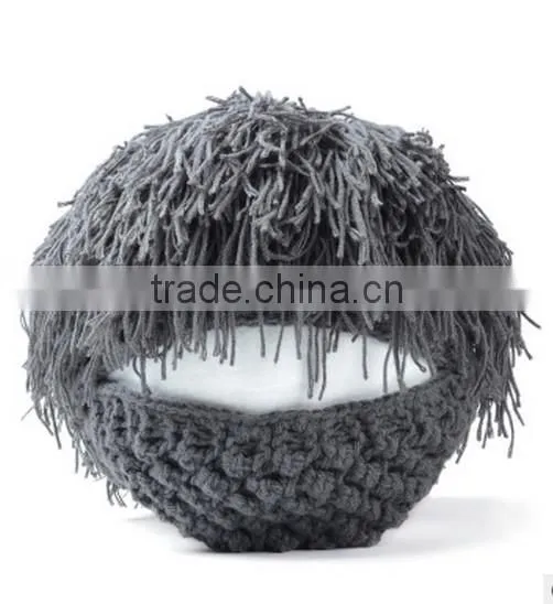 Men Barbarian Knit Crochet Hat Mad Scientist Wig Mustache Cap Beard Hat