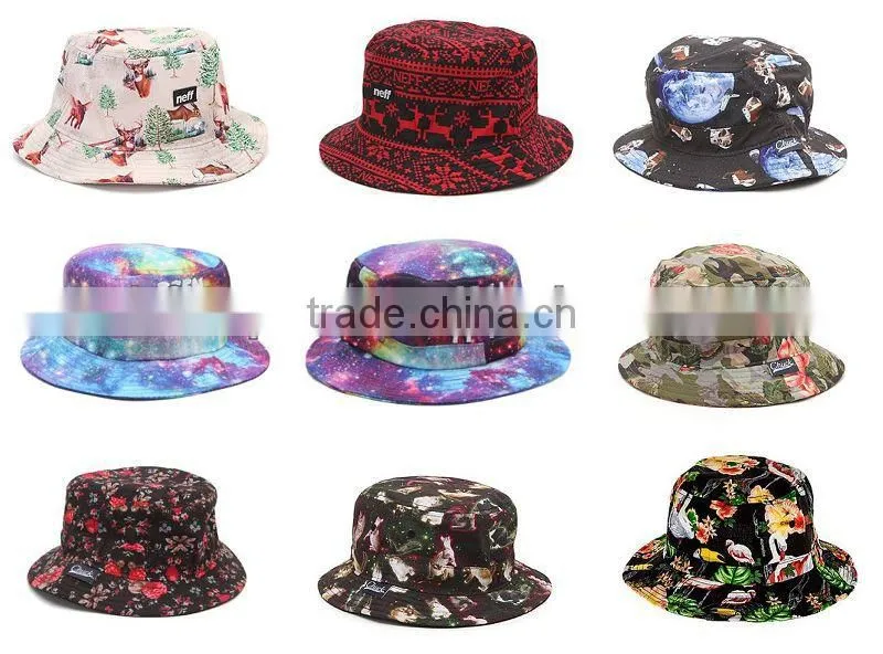 Brown bucket hat/cap print small order cheap cotton wholesale colorful bucket hat/cap