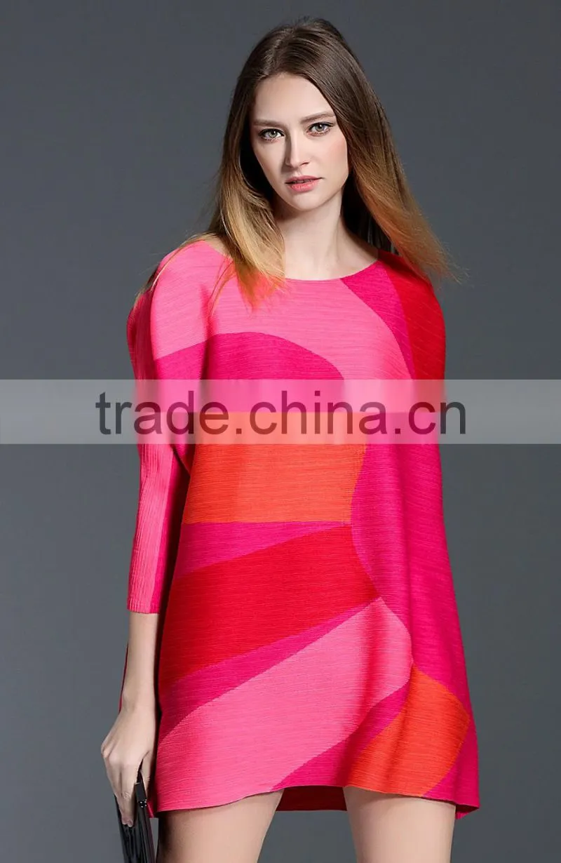 Gored bright color large size women plicated dresses wholesale